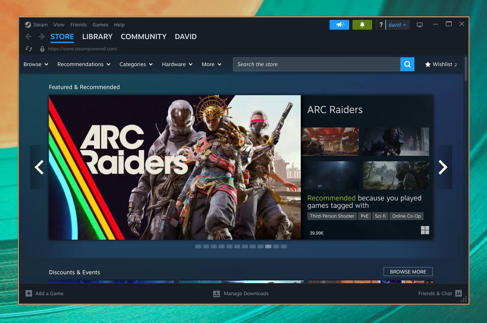 Steam ikionyesha duka lake la michezo kwenye Omarchy